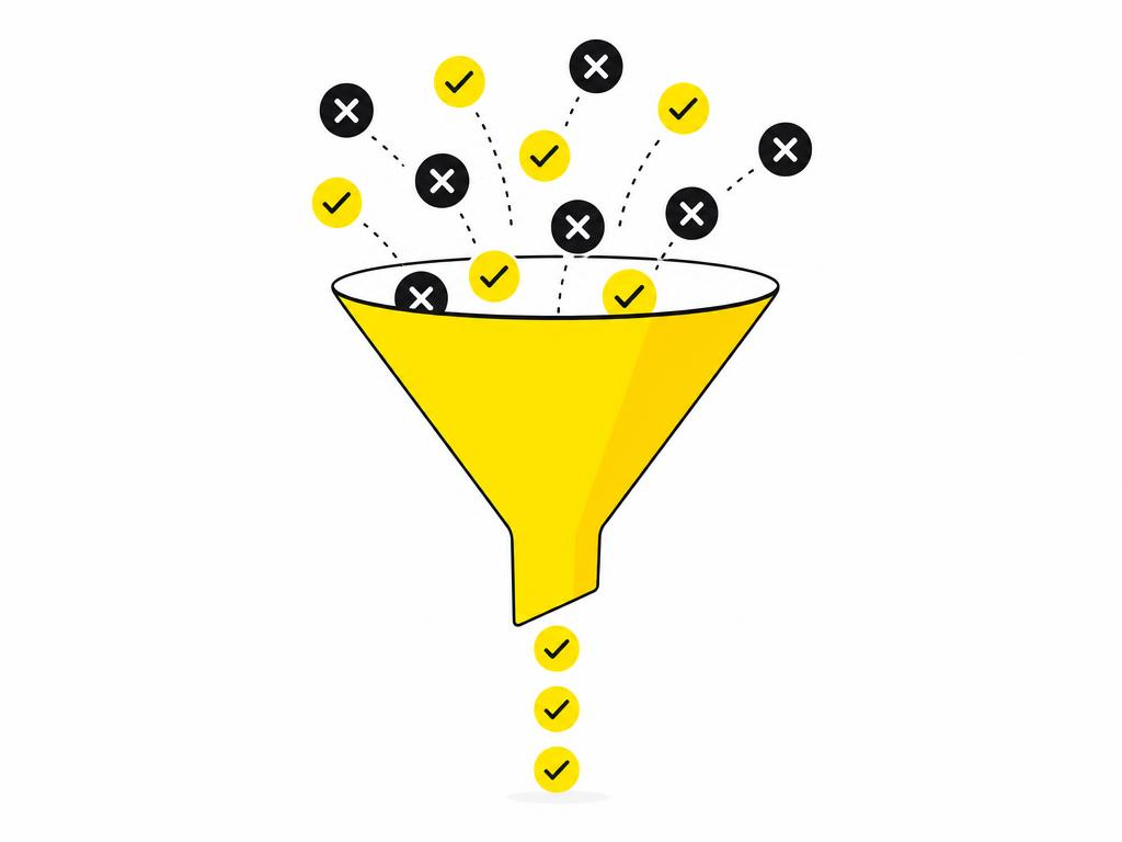 A clean modern flat-vector illustration of a funnel or filter shape with checkmarks and X marks flowing through it, repr