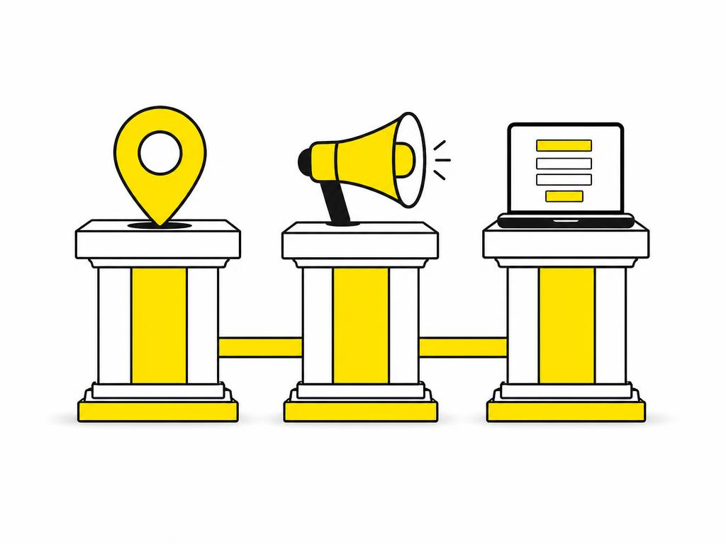 Clean modern flat-vector illustration on a CLEAN WHITE (#ffffff) background: three connected pillars represented as simp