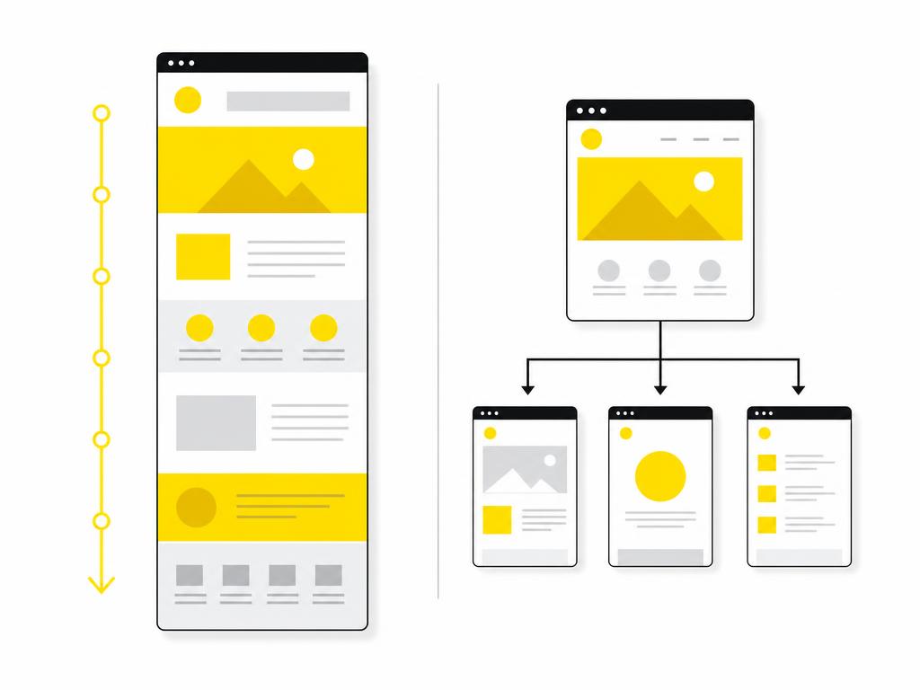 Clean modern flat-vector illustration comparing two website layout structures side by side: a single-page scroll layout
