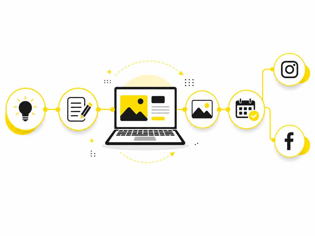 A clean modern flat-vector illustration showing a social media content workflow: a series of connected nodes representin