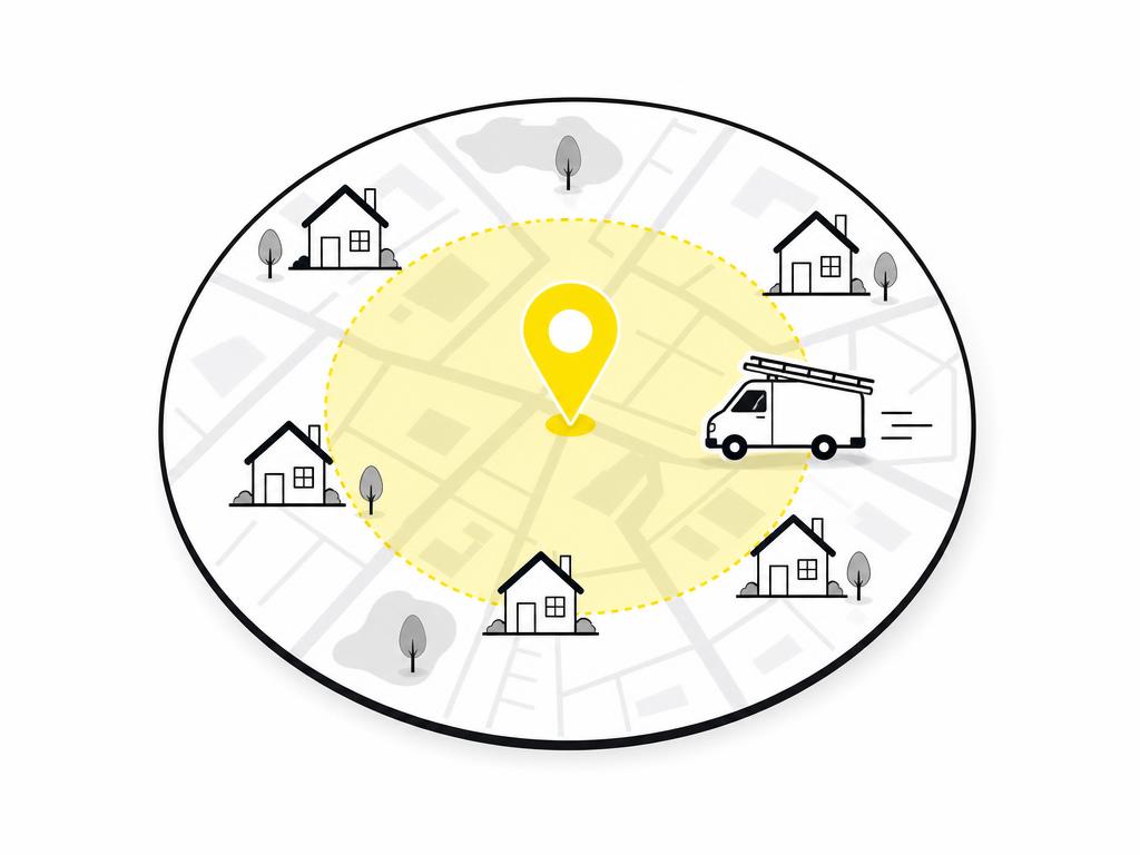 A clean modern flat-vector illustration of a circular map with a pin in the center and a highlighted radius ring around