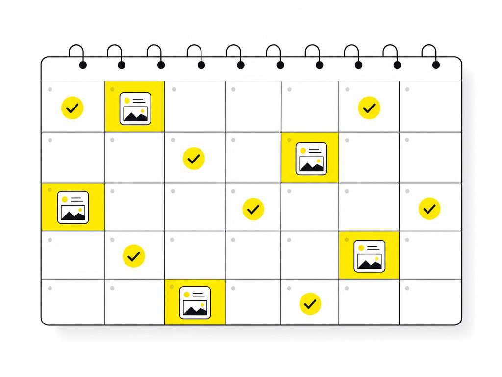 Clean modern flat-vector illustration of a calendar grid with checkmarks and post icons scattered across weekdays, showi