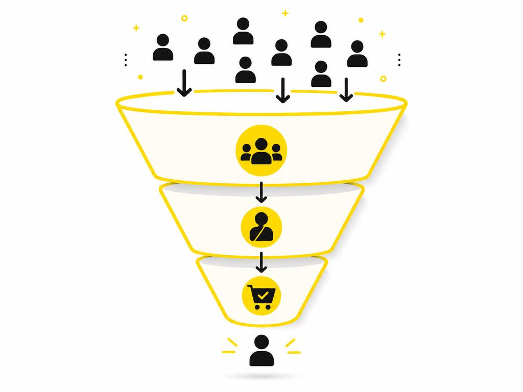 Clean modern flat-vector illustration of a three-stage funnel diagram: wide top (awareness), narrower middle (considerat