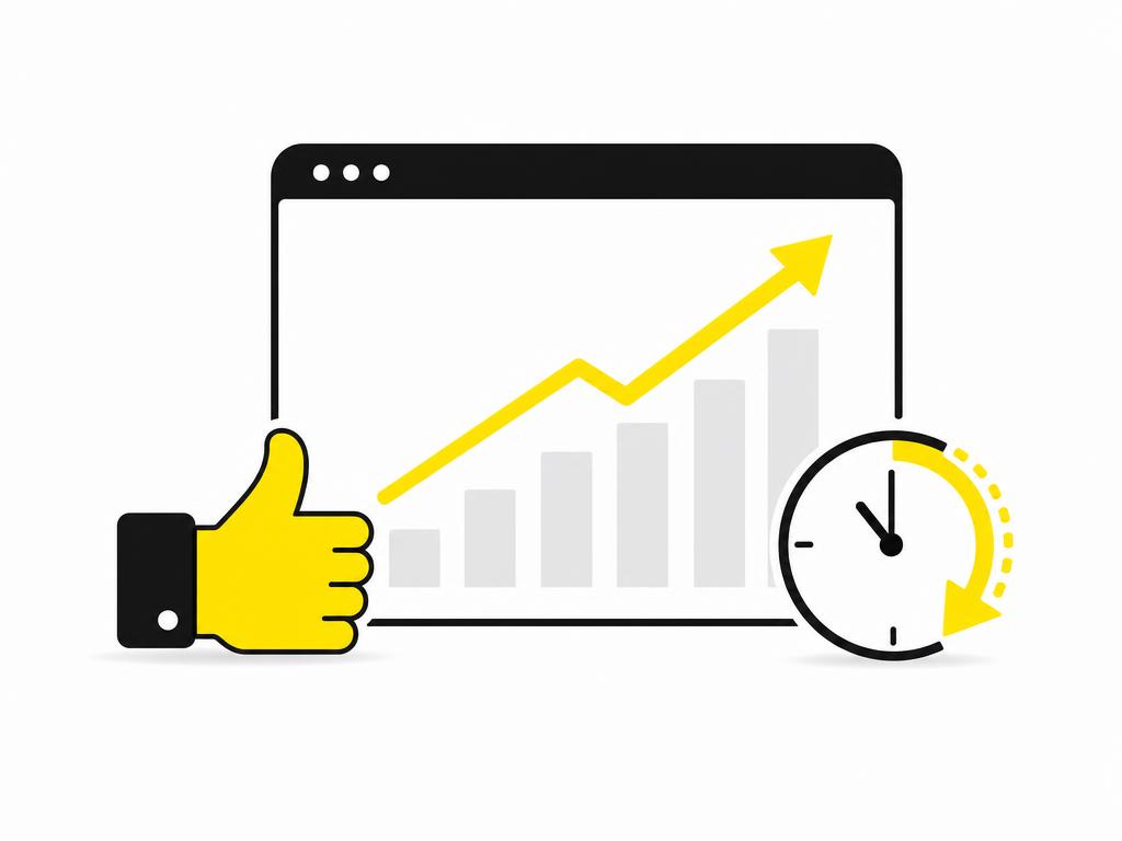 Flat-vector illustration of a dashboard with rising graph, thumbs-up icon, and timer icon showing reduced time. Clean wh