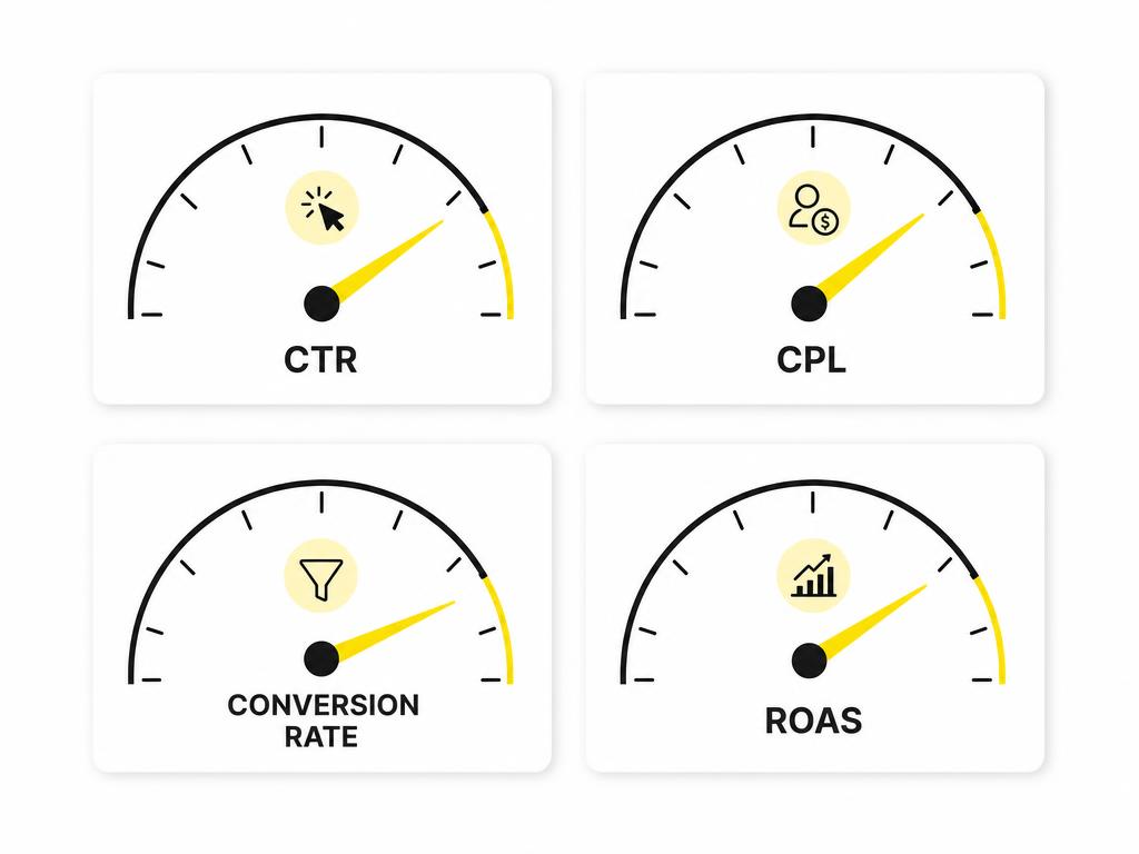 Clean flat-vector illustration of a simple dashboard with four metric gauges or dials (CTR, CPL, conversion rate, ROAS) 