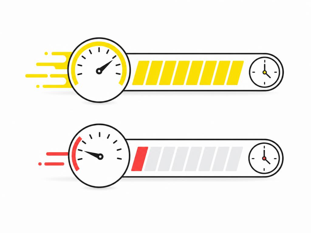 Clean modern flat-vector illustration showing a speedometer or loading progress bar with a clock icon, one bar fast and
