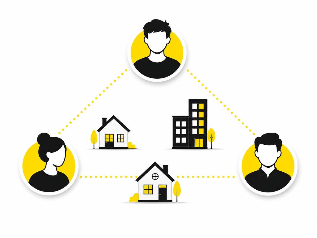 Clean modern flat-vector illustration: three simple human silhouettes connected by dotted lines, representing a referral