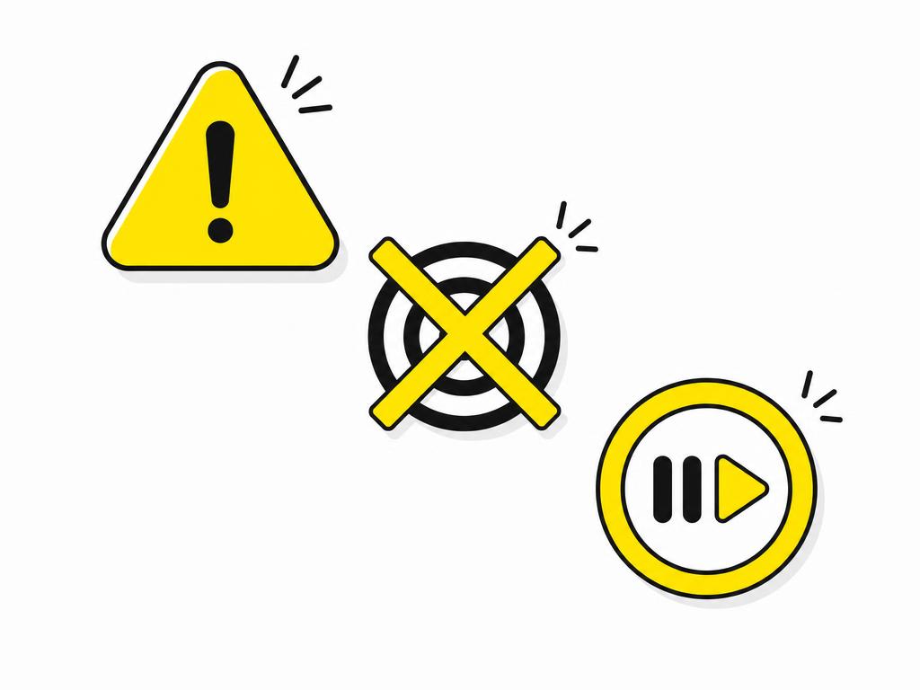 Clean modern flat-vector illustration of common Meta ads mistakes: three simple geometric warning or error icons (exclam