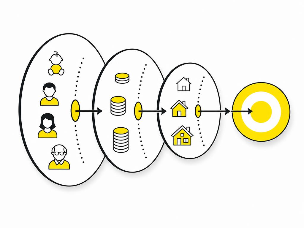 A clean modern flat-vector illustration of layered concentric circles or stacked filter icons representing demographic l