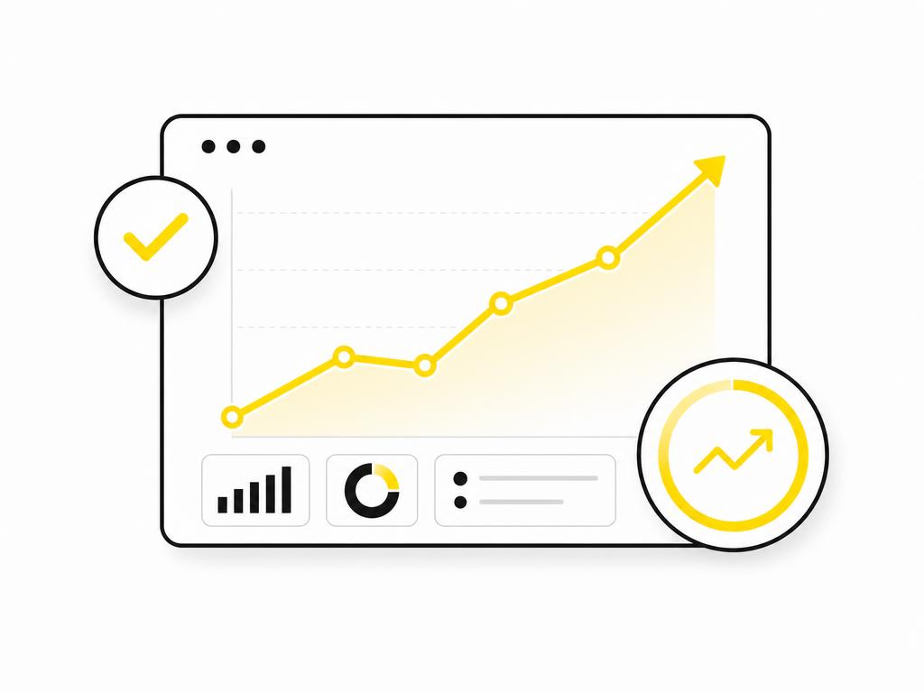 Clean modern flat-vector illustration of performance metrics: a simple dashboard or graph shape with rising line chart,