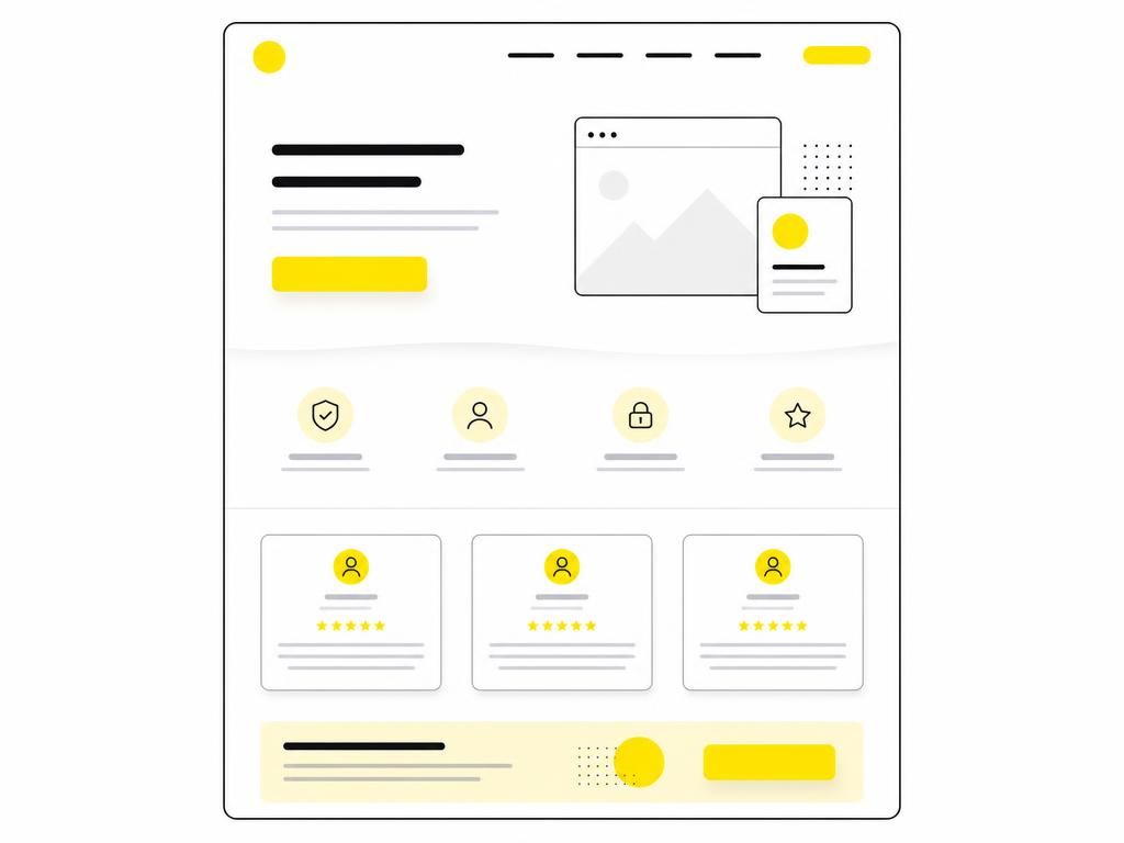 Clean modern flat-vector illustration showing a simplified website layout wireframe with sections stacked vertically, he