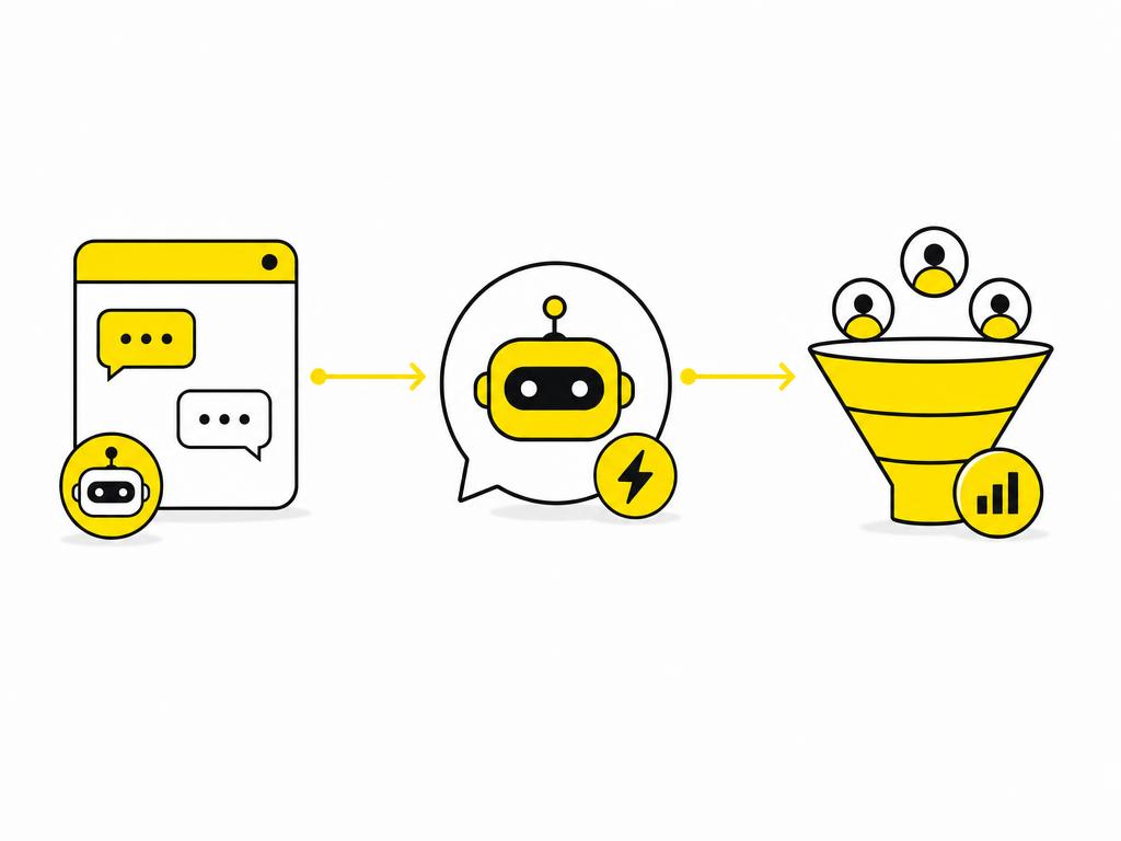 Flat-vector illustration showing a row of AI tool icons (chat widget, messenger bot, CRM funnel) connected by flowing ar