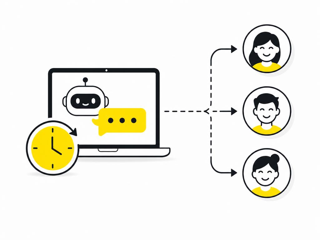 Clean modern flat-vector illustration showing a laptop with a chatbot conversation bubble icon and a clock showing 24/7,