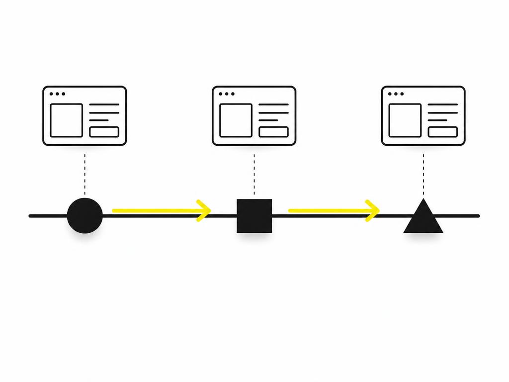 Clean modern flat-vector illustration on a CLEAN WHITE background: a horizontal timeline from left to right in dark char