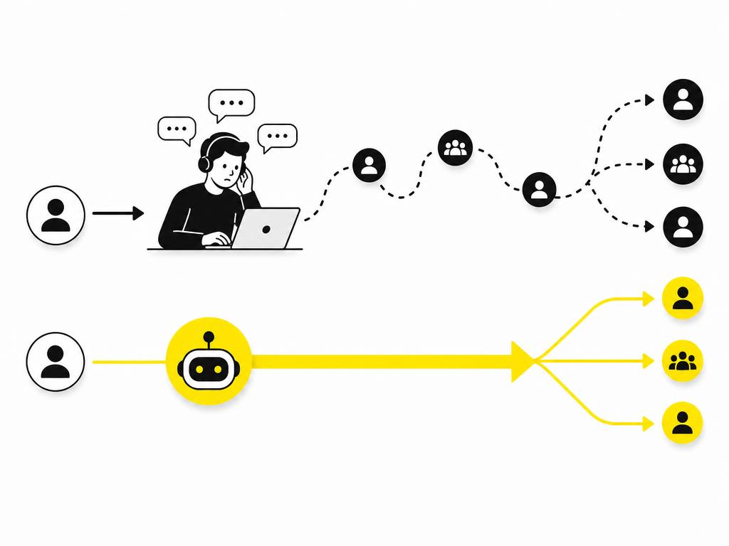 Simple flat-vector diagram of two paths: one showing a human figure handling enquiries (slow, curved path) and another s