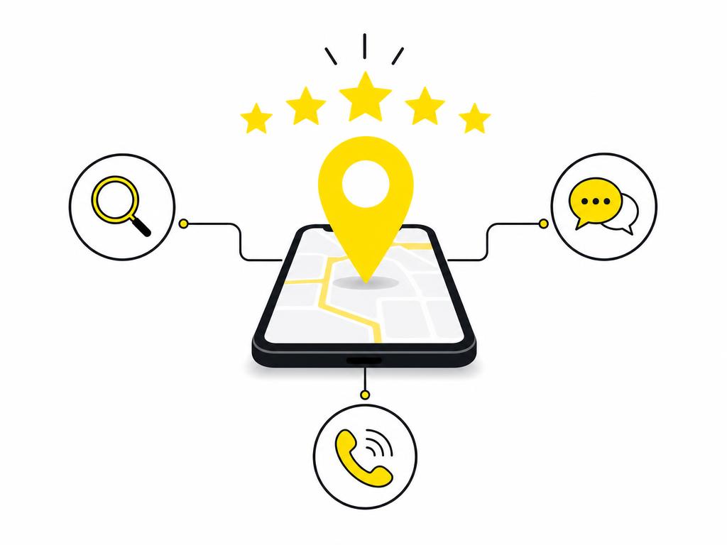 Clean modern flat-vector illustration: a smartphone with a Google Maps pin and star ratings floating above it, connected