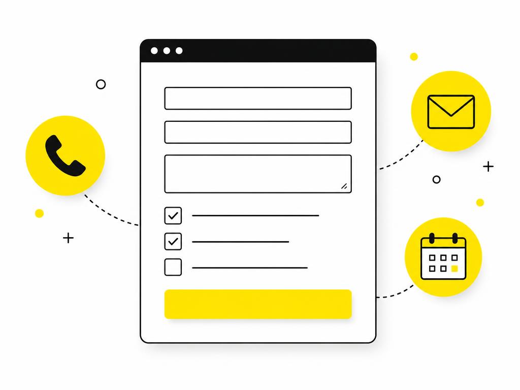Clean modern flat-vector illustration: a simple web browser window frame showing a quote form with checkboxes and a subm