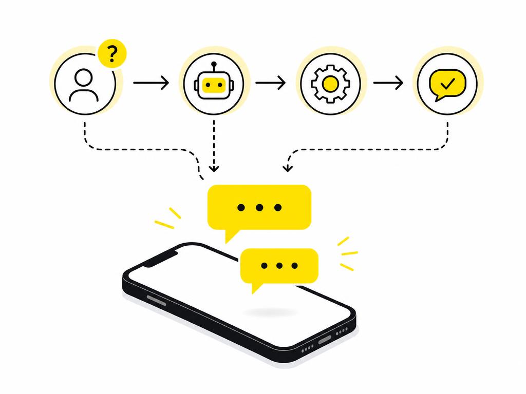 Clean modern flat-vector illustration of a smartphone with chat bubbles appearing instantly above it, arrows showing aut