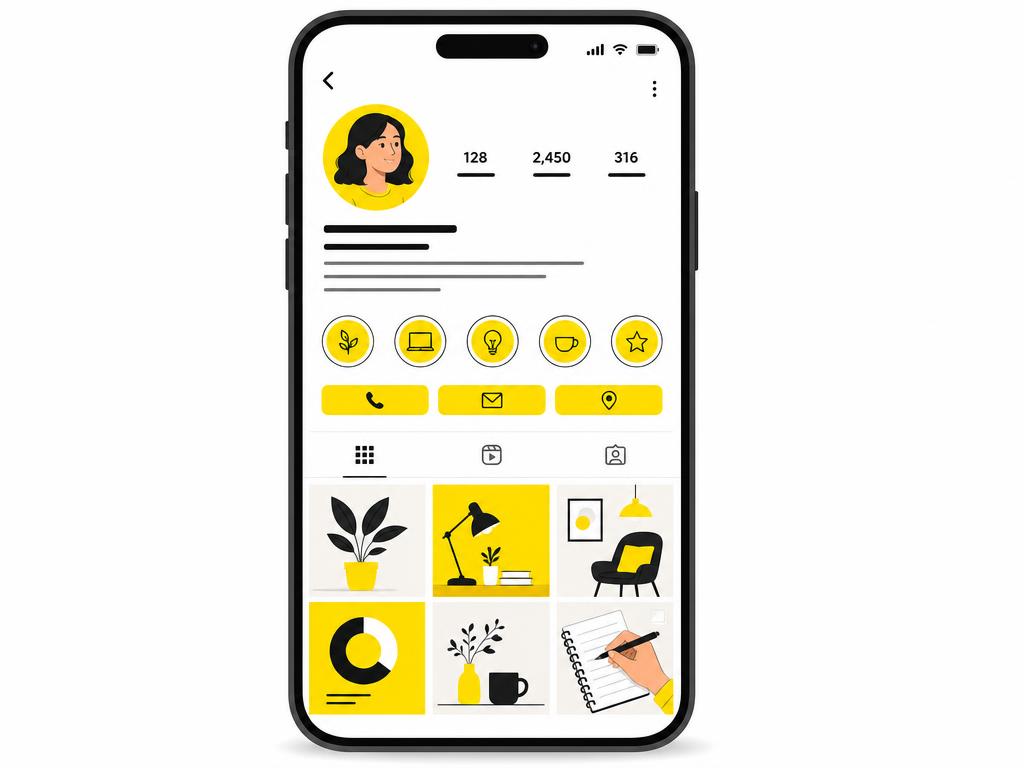 Clean modern flat-vector illustration of a smartphone with an Instagram business profile screen: profile photo, bio text