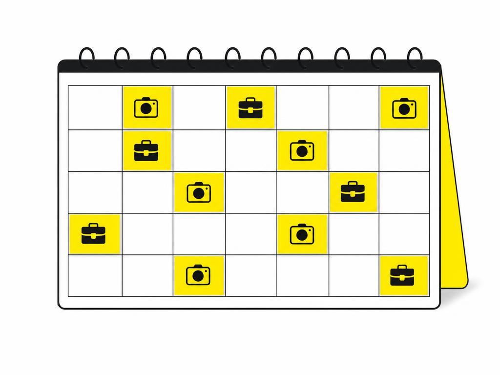 Flat-vector illustration of a content calendar grid with social media post icons spread across weeks, clean white backgr