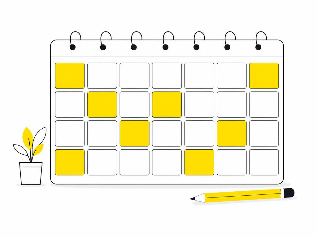 Clean modern flat-vector illustration on a pure white (#ffffff) background: a simple calendar grid (7 columns, 4 rows su