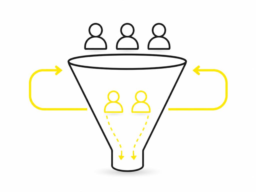 Clean modern flat-vector illustration on a CLEAN WHITE background: a simple funnel shape in dark charcoal (#111111) line