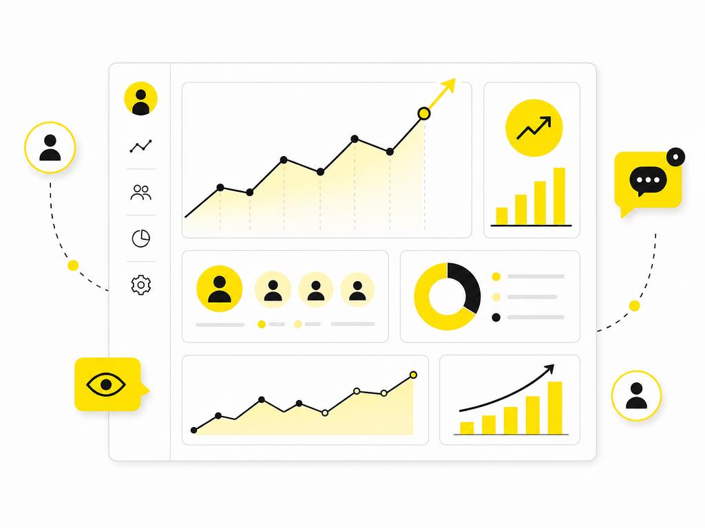 Simple flat-vector dashboard illustration showing social media analytics: line graphs trending upward, profile visit ico