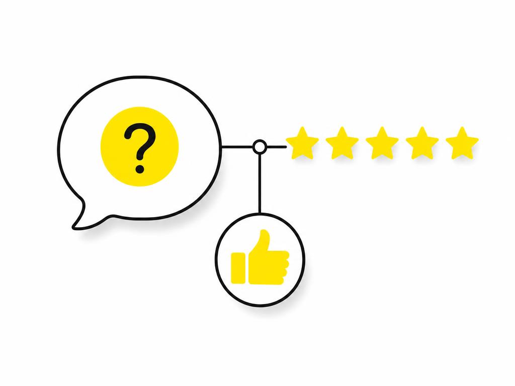 Clean modern flat-vector illustration showing a speech bubble (FAQ question) connected to star rating icons and a thumbs