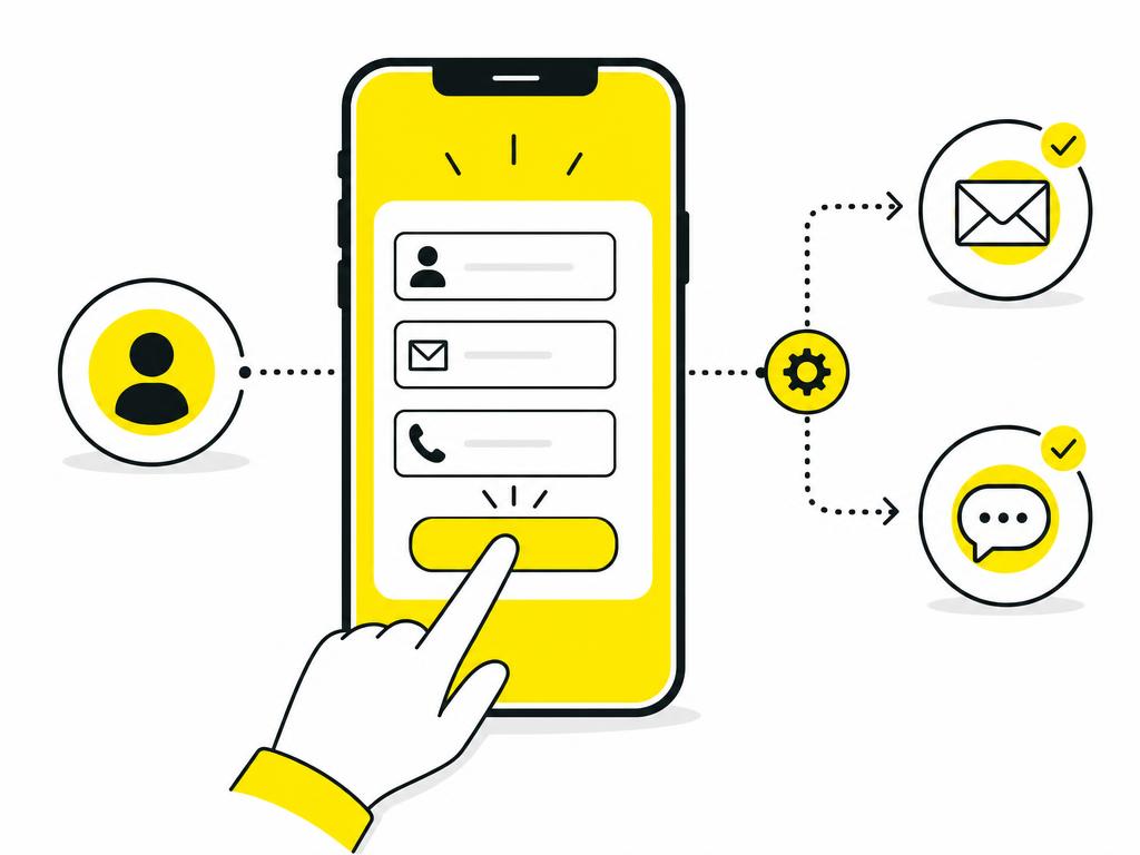 Flat-vector illustration of a mobile phone mockup showing a simple lead form with finger tapping a submit button, surrou