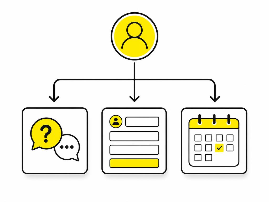 Flat-vector illustration of a simple flowchart: a visitor icon at top, branching arrows leading to FAQ box, lead-capture