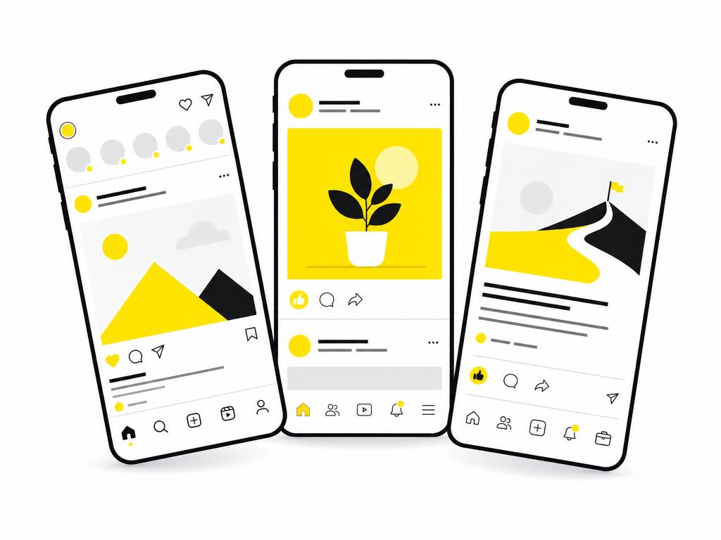 Clean modern flat-vector illustration on a pure white (#ffffff) background: three smartphone screens arranged in a sligh