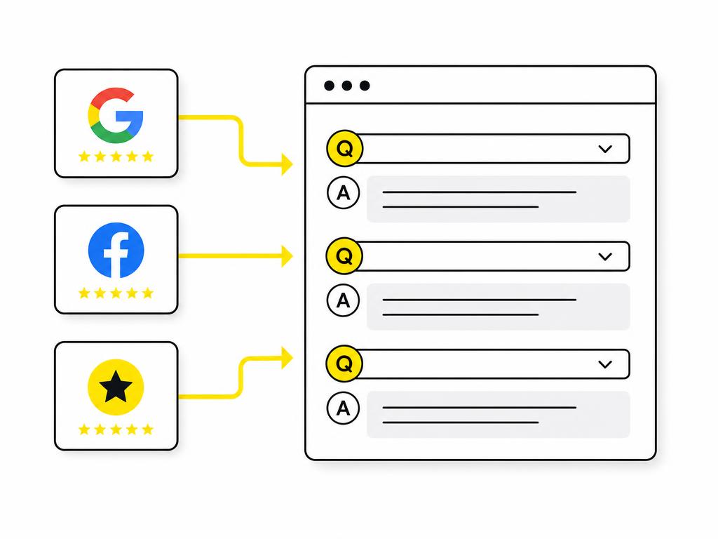 Flat-vector illustration showing a website interface mockup with an FAQ section and connected review sources: icons repr