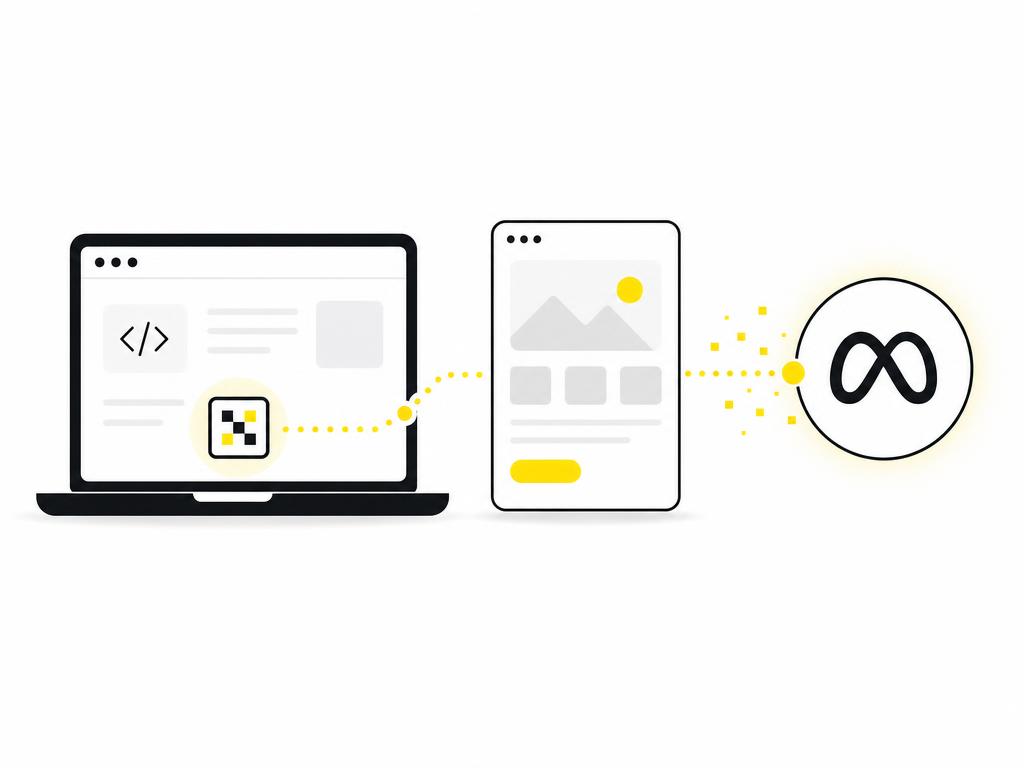 Clean modern flat-vector illustration of Meta Pixel installation concept: a simple geometric laptop or browser window wi