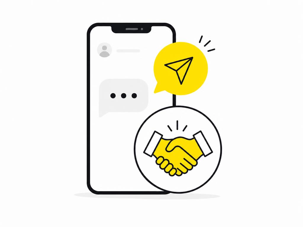 Clean modern flat-vector illustration of a smartphone with a direct message notification bubble and a handshake icon, re