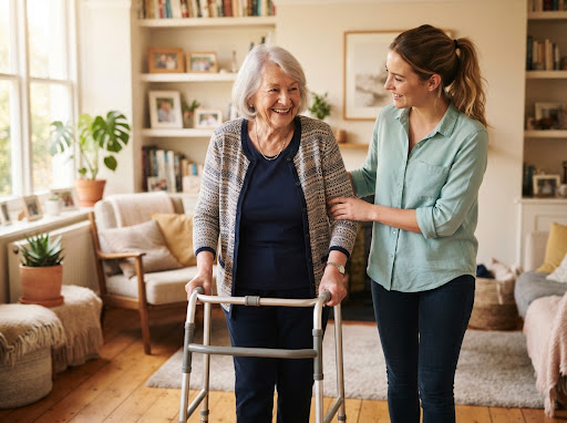 Warm professional caregiver gently supporting senior lady with walking frame indoors