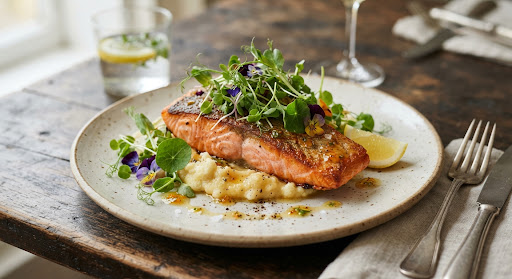 Crispy Skin Tasmanian Salmon with fresh microgreens and citrus glaze