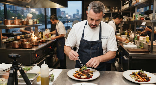 Executive Chef Harrison Vance plating dish at The Yarra Table