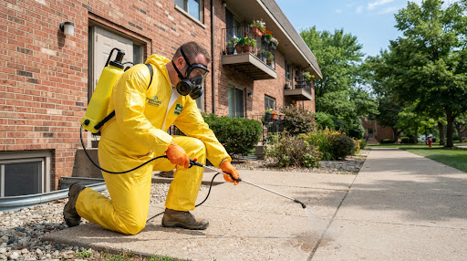 Professional exterminator pest control worker in bright yellow protective suit and mask spraying pesticide outdoors near residential building